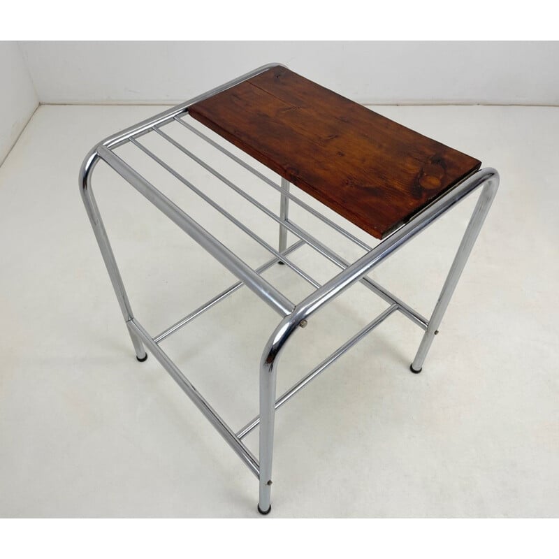 Functionalist vintage chrome & wood side table, 1950s