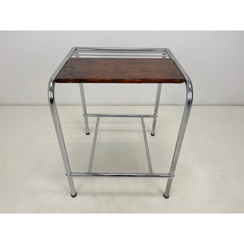 Functionalist vintage chrome & wood side table, 1950s