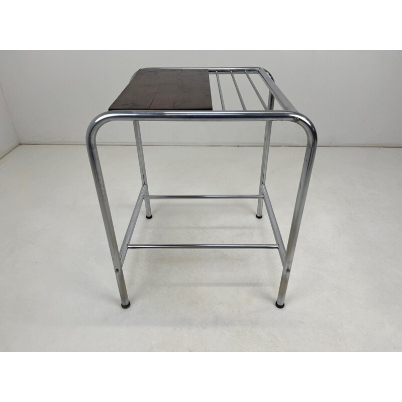 Functionalist vintage chrome & wood side table, 1950s