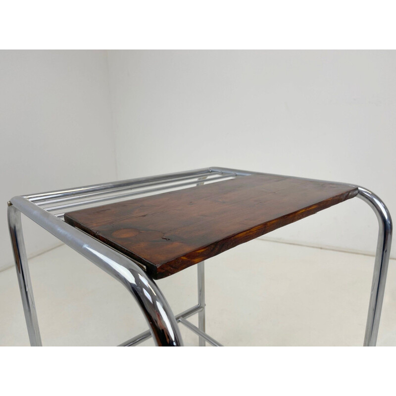 Tavolino funzionalista vintage in legno e cromo, 1950