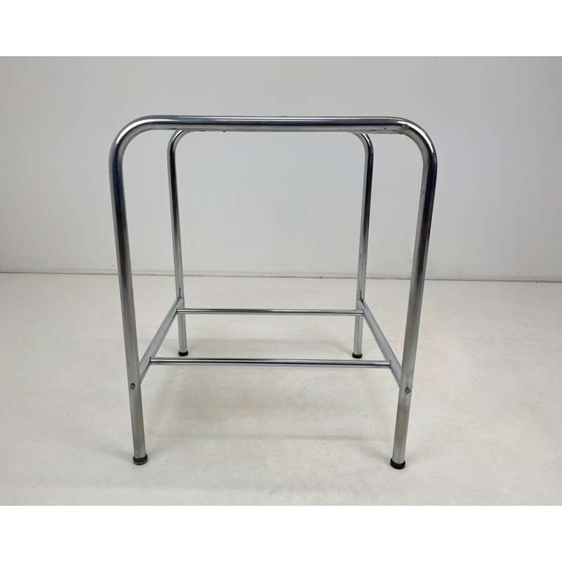 Functionalist vintage chrome & wood side table, 1950s