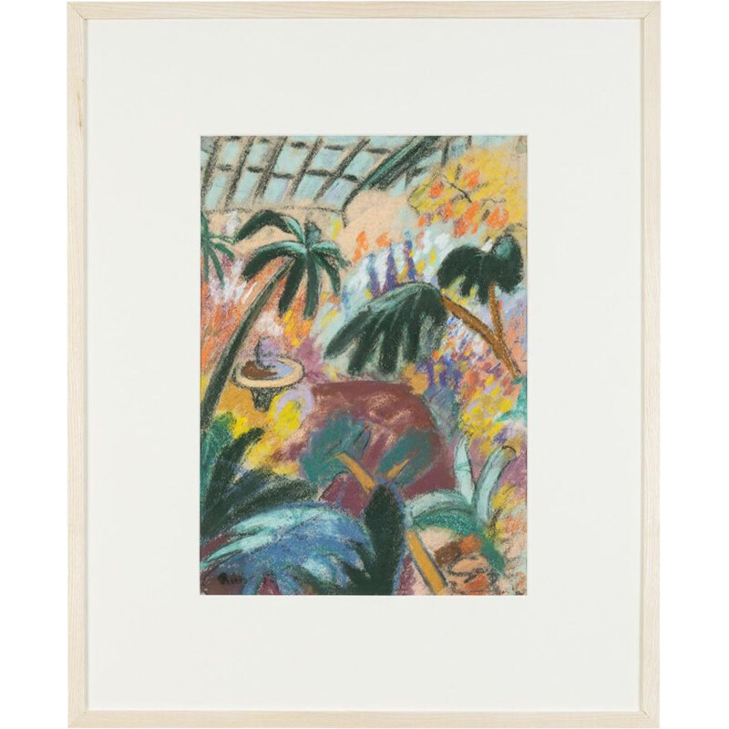 Pintura vintage sobre papel "Jardín Botánico" con marco de madera de fresno, 1960