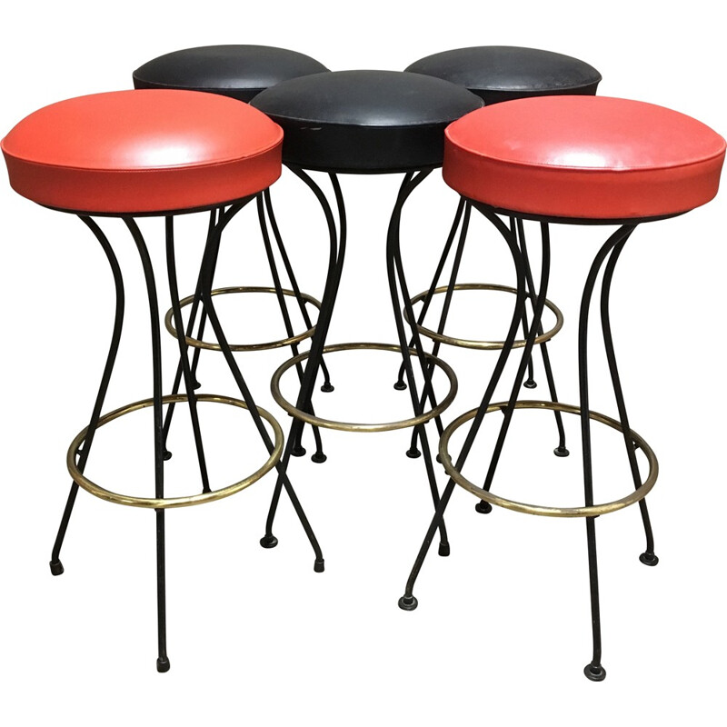 Set of 5 high stools in metal and leatherette - 1950s