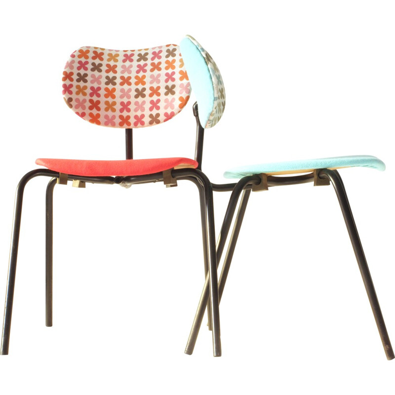 Pair of Thonet chairs in red and blue fabric and iron - 1950s