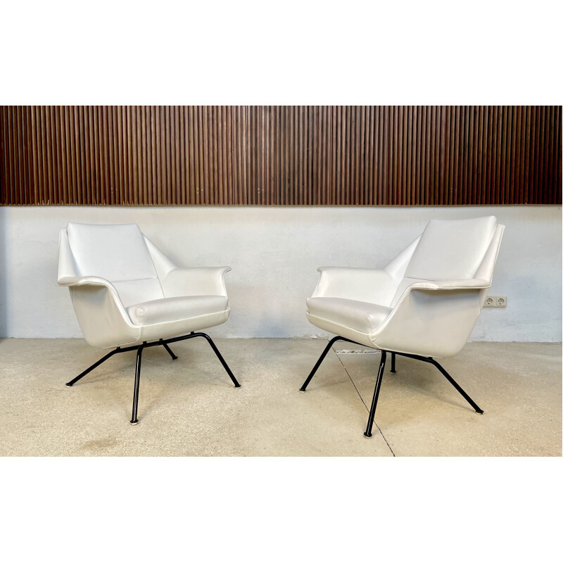 Pair of vintage Italian leather club armchairs with steel tube frames, 1950s