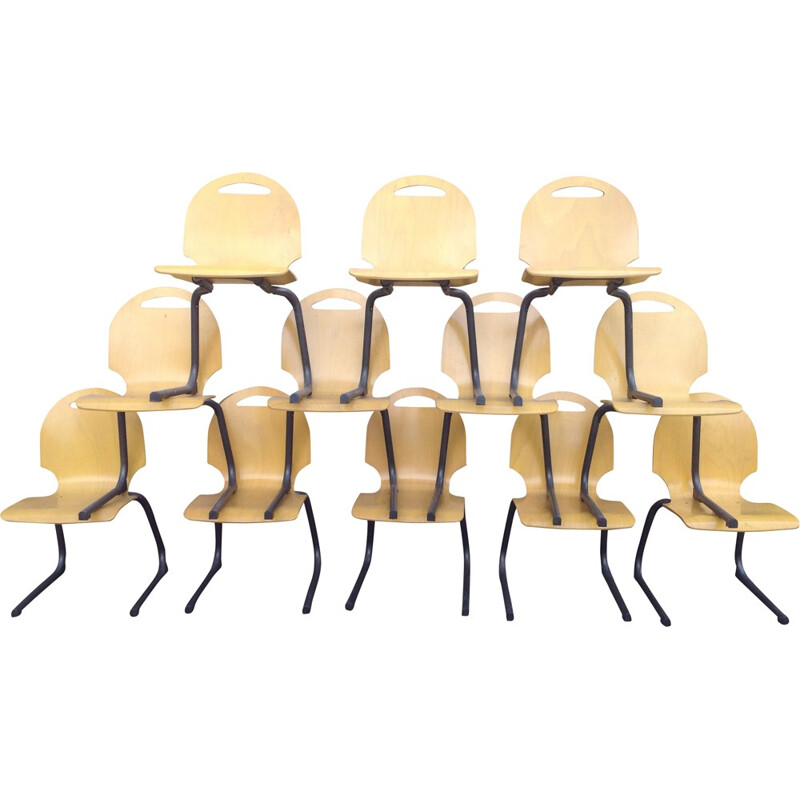 Set of 12 vintage chairs in plywood and tubular metal - 1980s