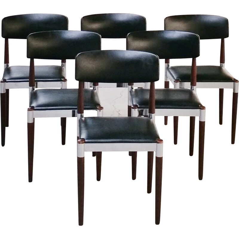 Set of 6 dining chairs in wood chromed metal and leatherette - 1960s