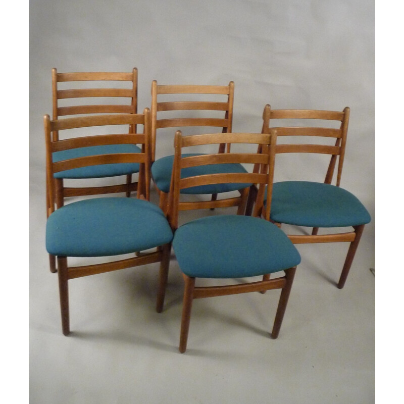 Set of 5 FDB Møbler "J60" dining chairs oak and blue fabric, Poul M. VOLTHER - 1950s