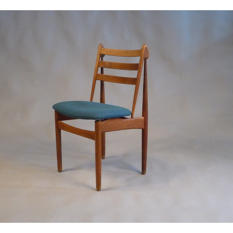 Set of 5 FDB Møbler "J60" dining chairs oak and blue fabric, Poul M. VOLTHER - 1950s