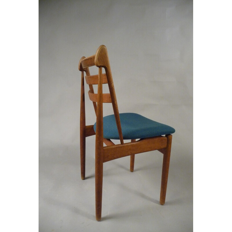 Set of 5 FDB Møbler "J60" dining chairs oak and blue fabric, Poul M. VOLTHER - 1950s