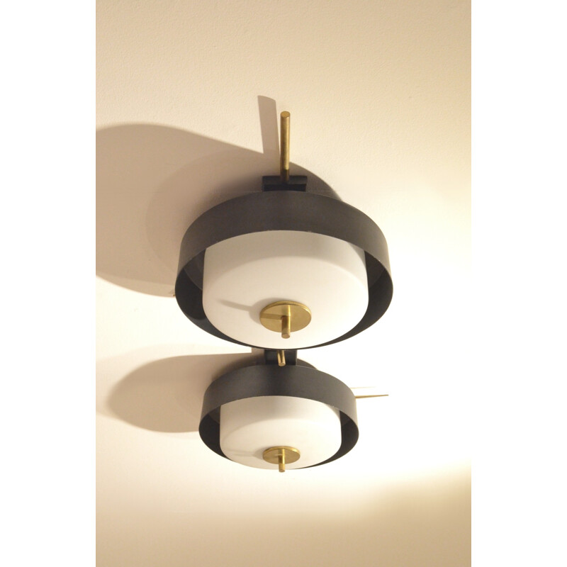French Maison Arlus ceiling lamp in opaline glass and brass - 1950s