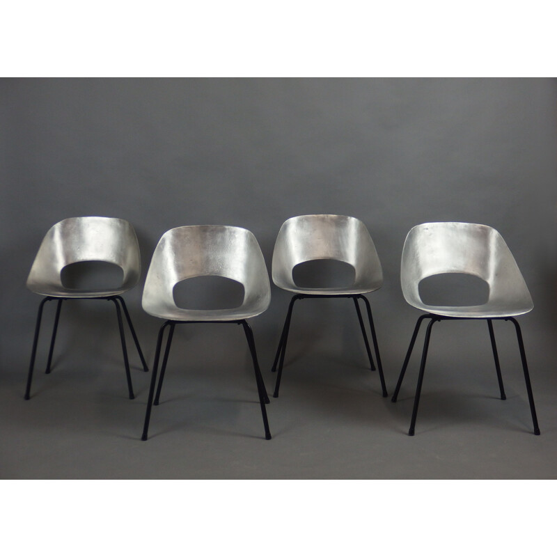 Set of 4 vintage "Tulip" chairs in aluminum by Pierre Guariche, France 1953s