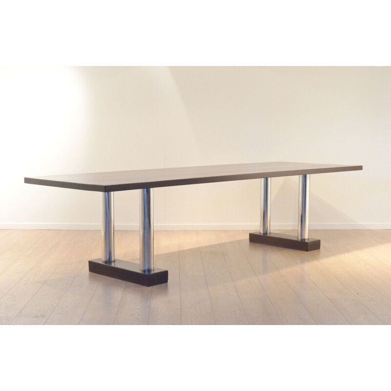 Large dining table in solid wood and chromed metal - 1960s