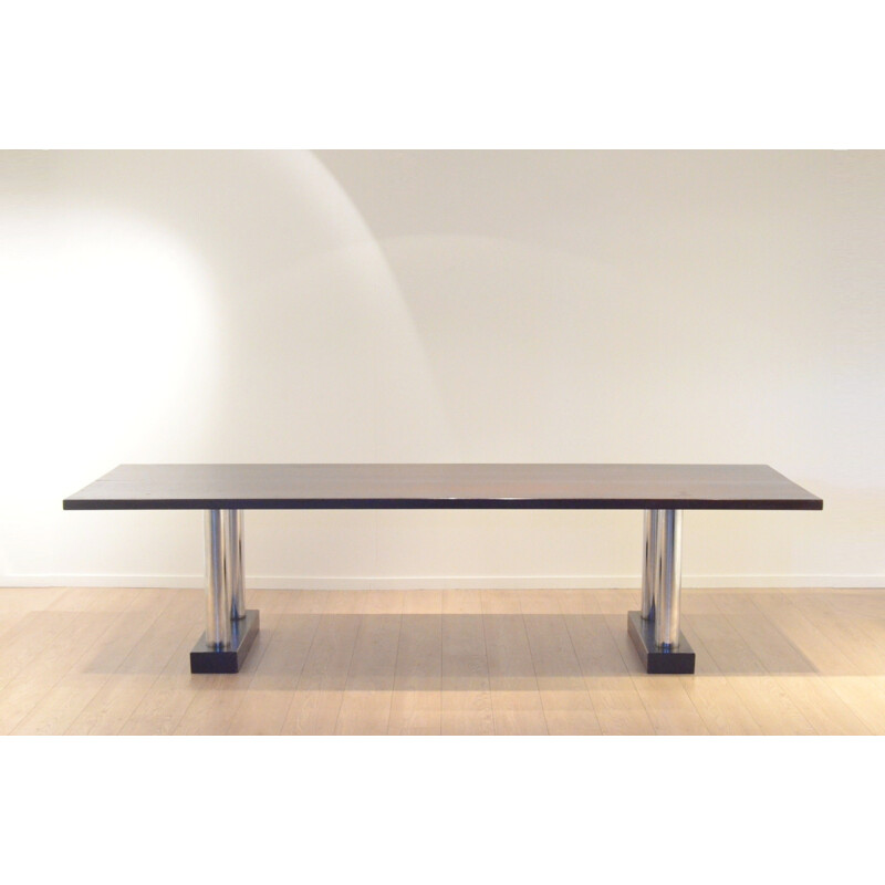Large dining table in solid wood and chromed metal - 1960s