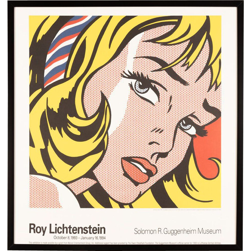 Affiche "Girl with Hair Ribbon" vintage avec cadre en bois par Roy Lichtenstein, 1993