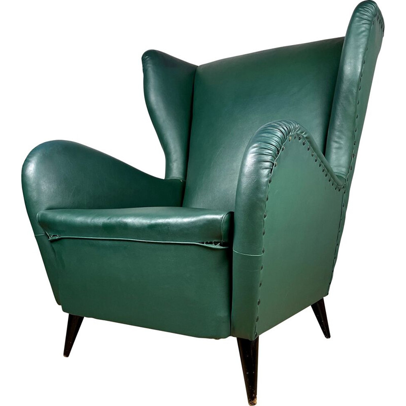 Vintage armchair in green leather by Paolo Buffa, Italy 1950s