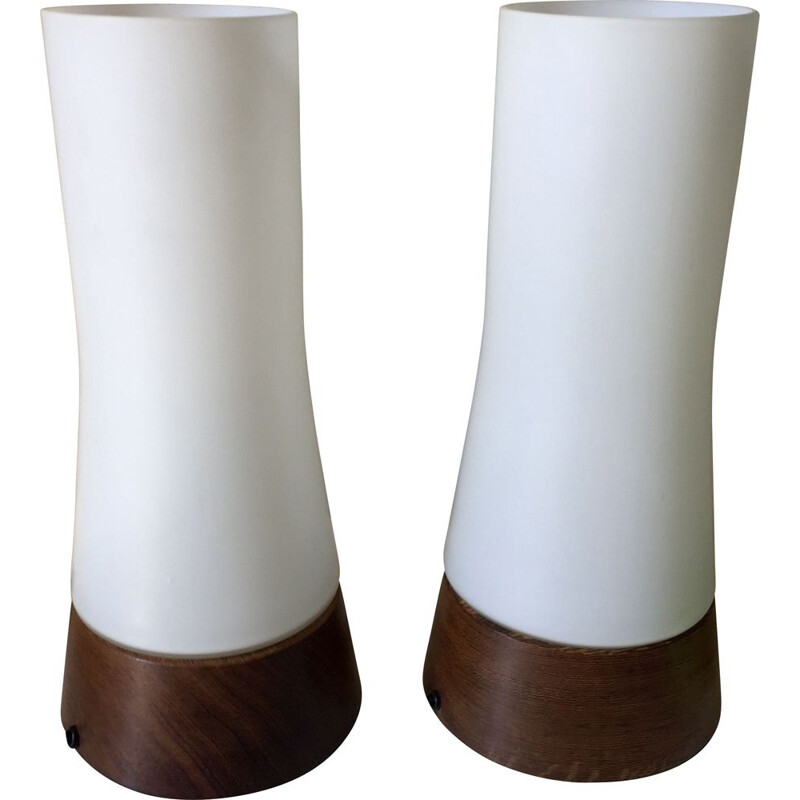 Pair of vintage wood and opaline lamps by Louis Christiaan Kalff for Philips, 1960