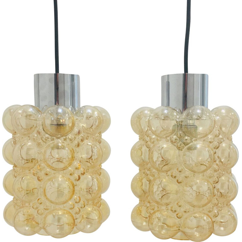 Pair of vintage amber bubble glass pendant lamps by Helena Tynell for Limburg, Germany 1960s