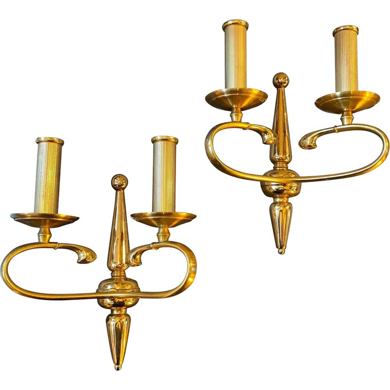 Pair of vintage solid brass wall lamps by Sciolari Rome, 1960s
