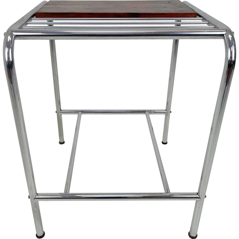 Functionalist vintage chrome & wood side table, 1950s