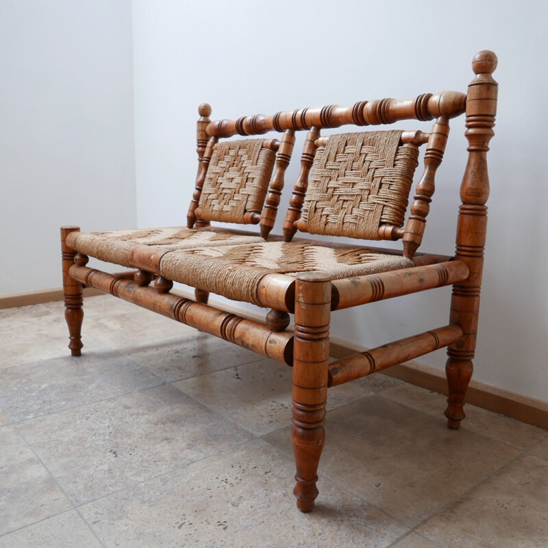 Mid-century French two seater sofa in rope and wood