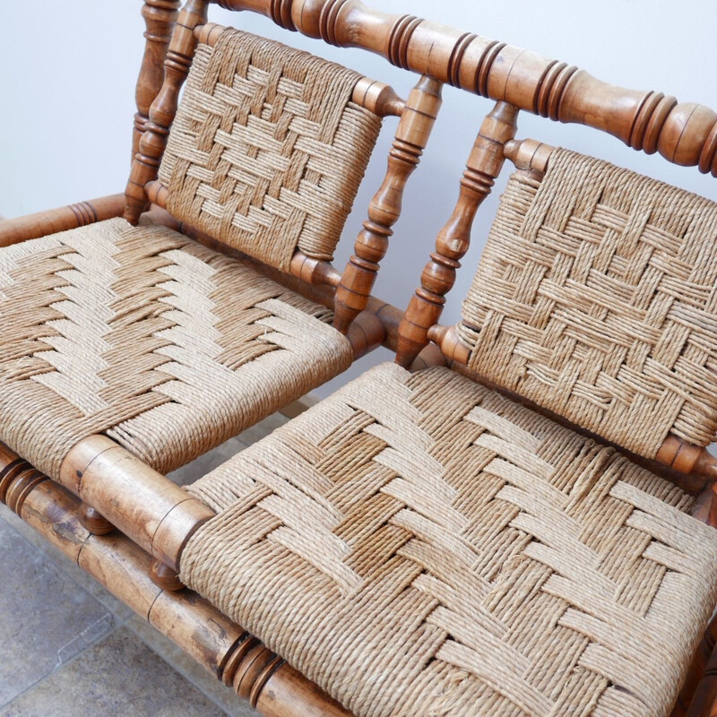 Mid-century French two seater sofa in rope and wood