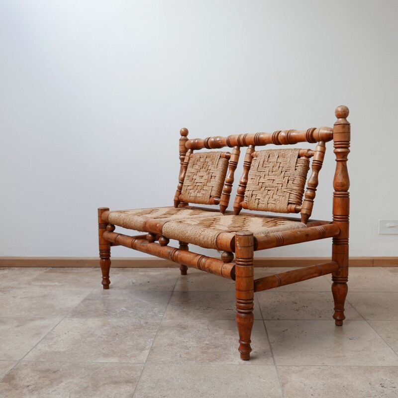 Mid-century French two seater sofa in rope and wood