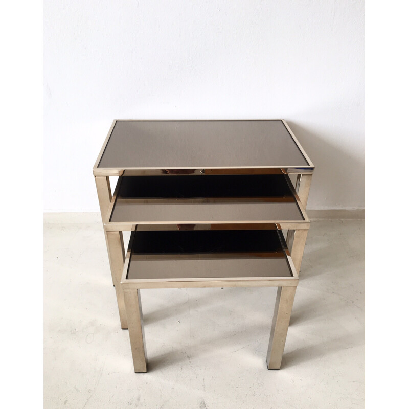 Set of 3 Belgo nesting tables in gold-plated metal and mirrored glass - 1960s