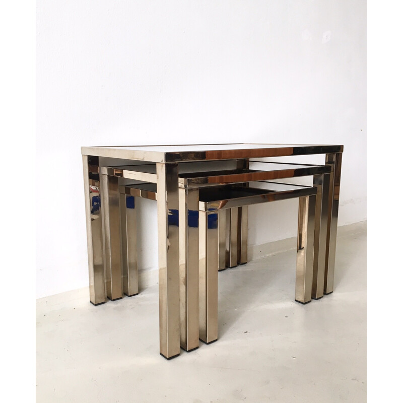 Set of 3 Belgo nesting tables in gold-plated metal and mirrored glass - 1960s