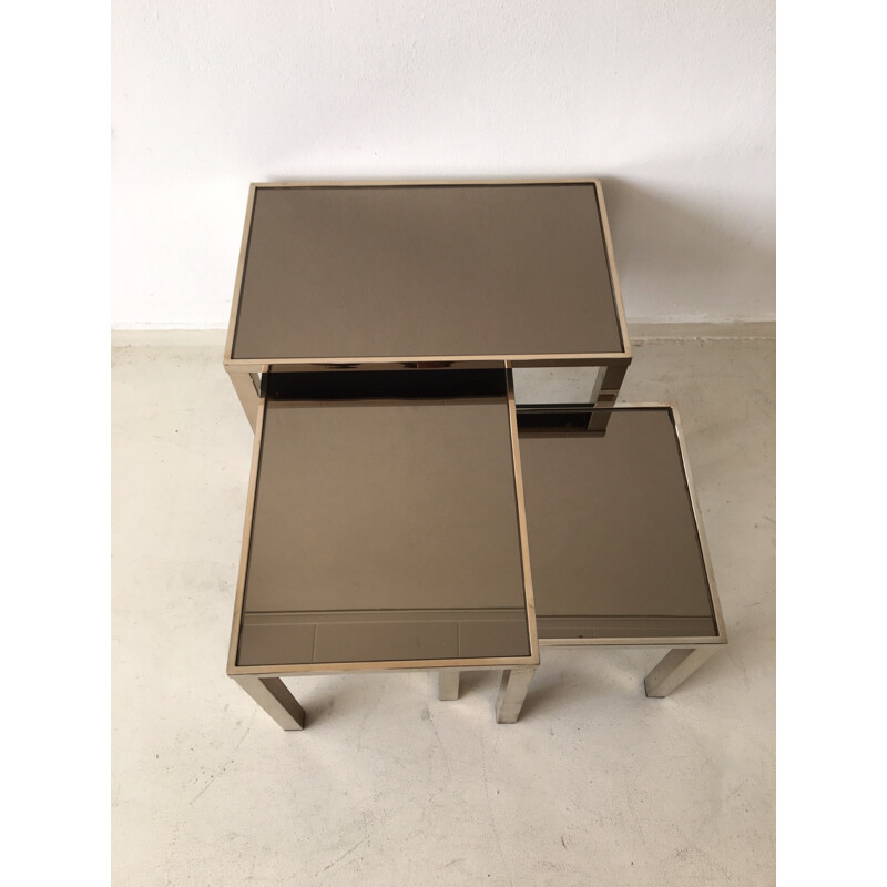 Set of 3 Belgo nesting tables in gold-plated metal and mirrored glass - 1960s