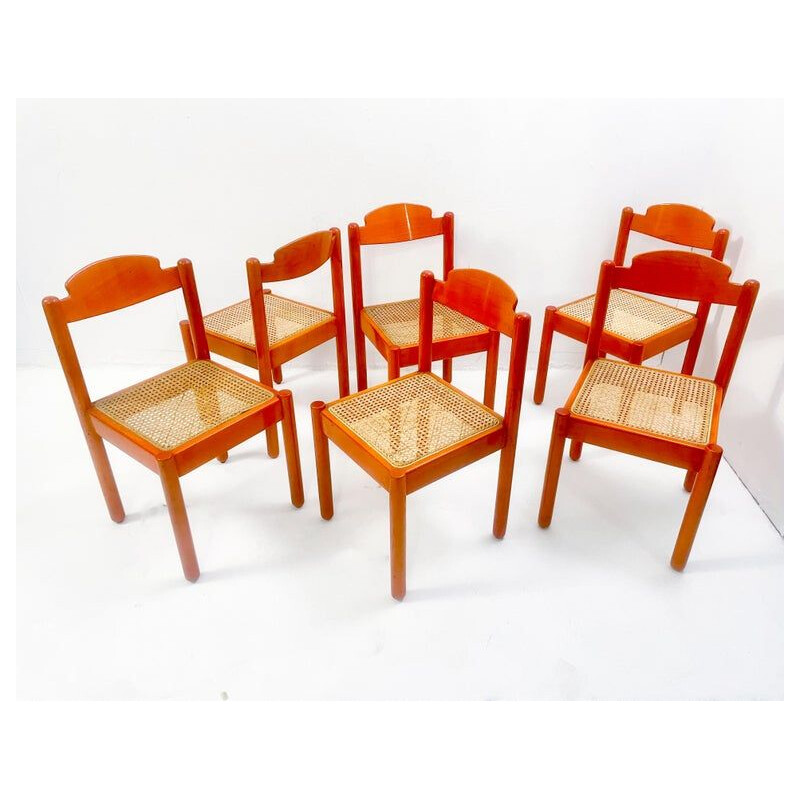 Set of 6 mid-century chairs in orange wood, Italy 1960s