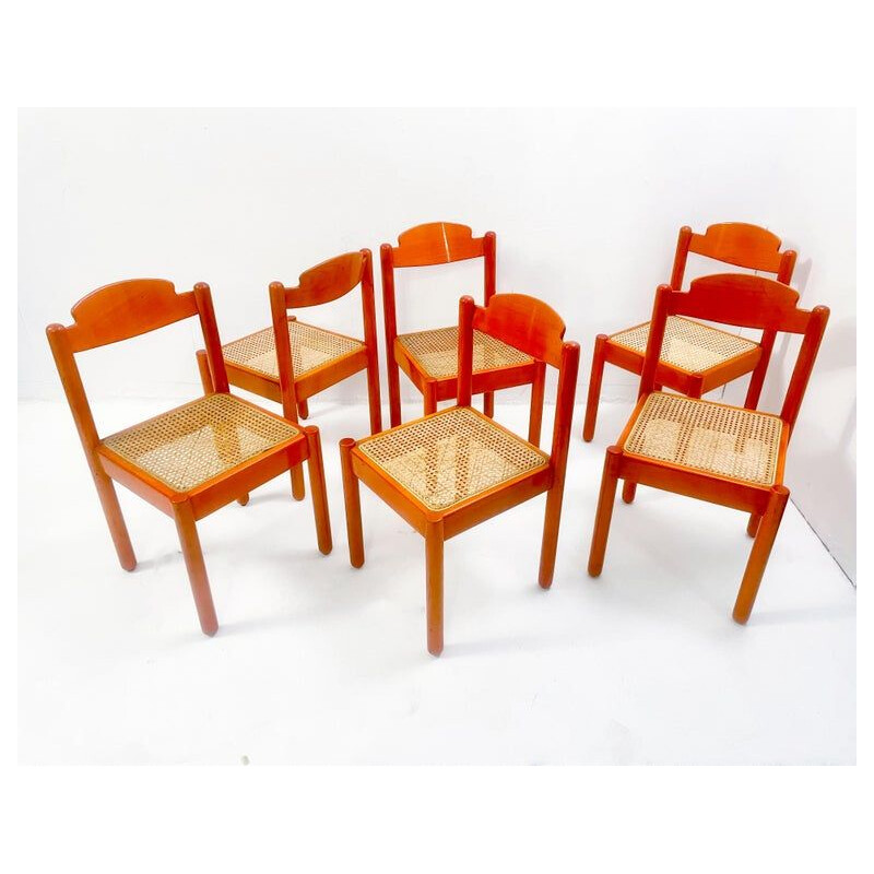 Satz von 6 Vintage-Stühlen aus orangefarbenem Holz, Italien 1960