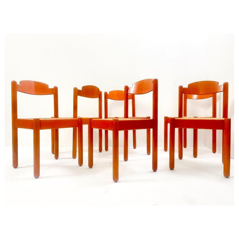 Set of 6 mid-century chairs in orange wood, Italy 1960s