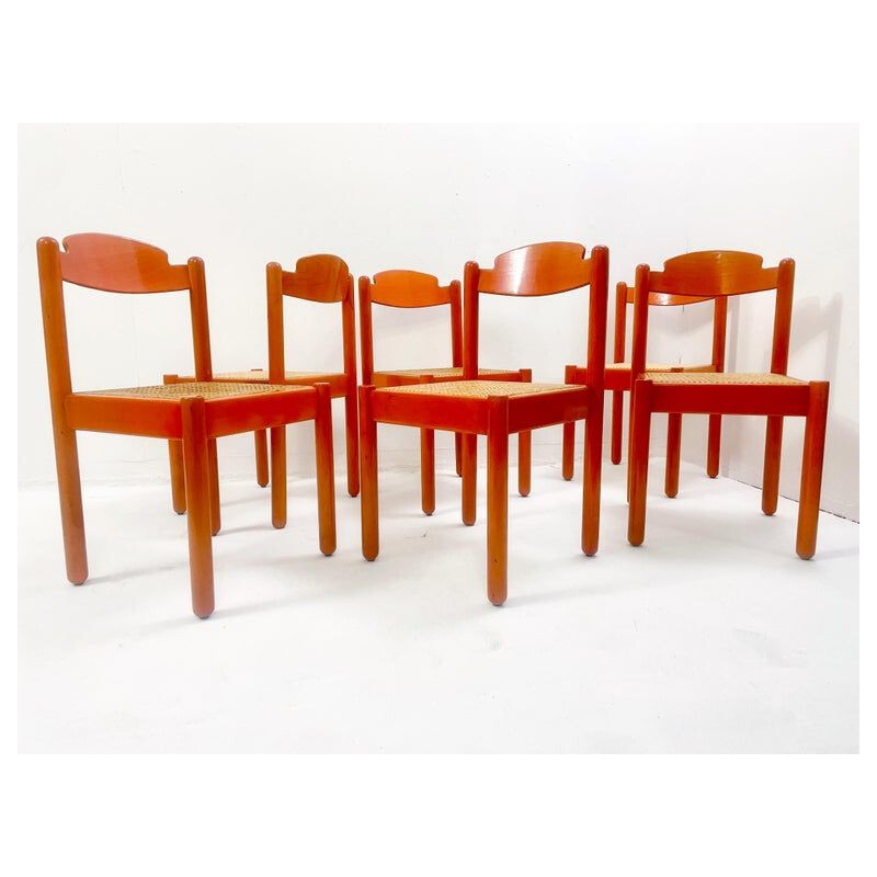 Set van 6 vintage oranje houten stoelen, Italië 1960