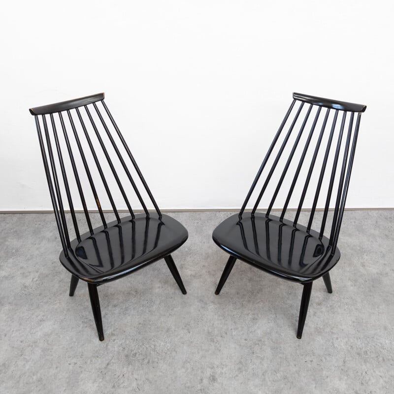 Pair of vintage black lacquered wood armchairs by Ilmari Tapiovaara for Asko, Finland 1956