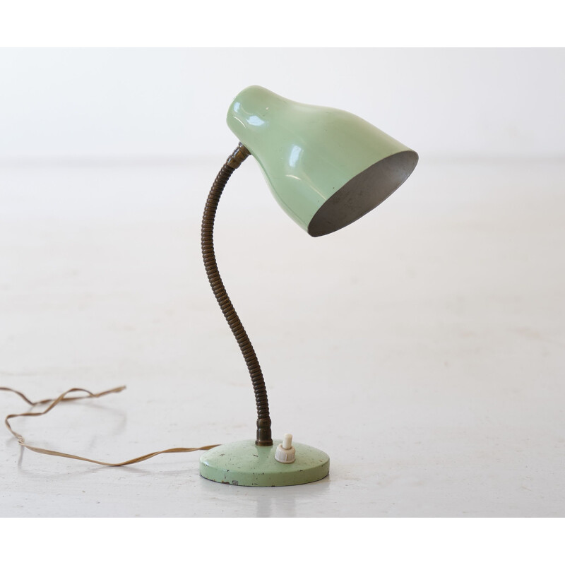 Vintage Italian table lamp in light green lacquered metal and brass, 1950s