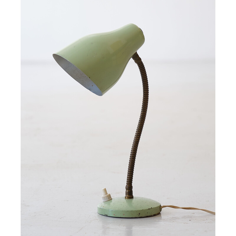 Vintage Italian table lamp in light green lacquered metal and brass, 1950s