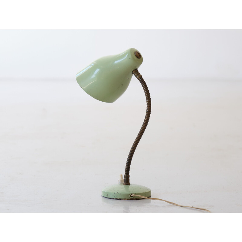 Vintage Italian table lamp in light green lacquered metal and brass, 1950s