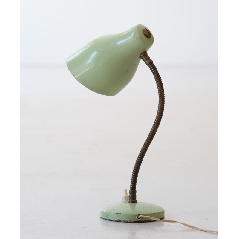 Lampe de table italienne vintage en métal laqué vert clair et laiton, 1950