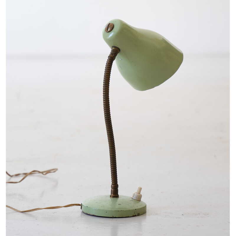 Vintage Italian table lamp in light green lacquered metal and brass, 1950s