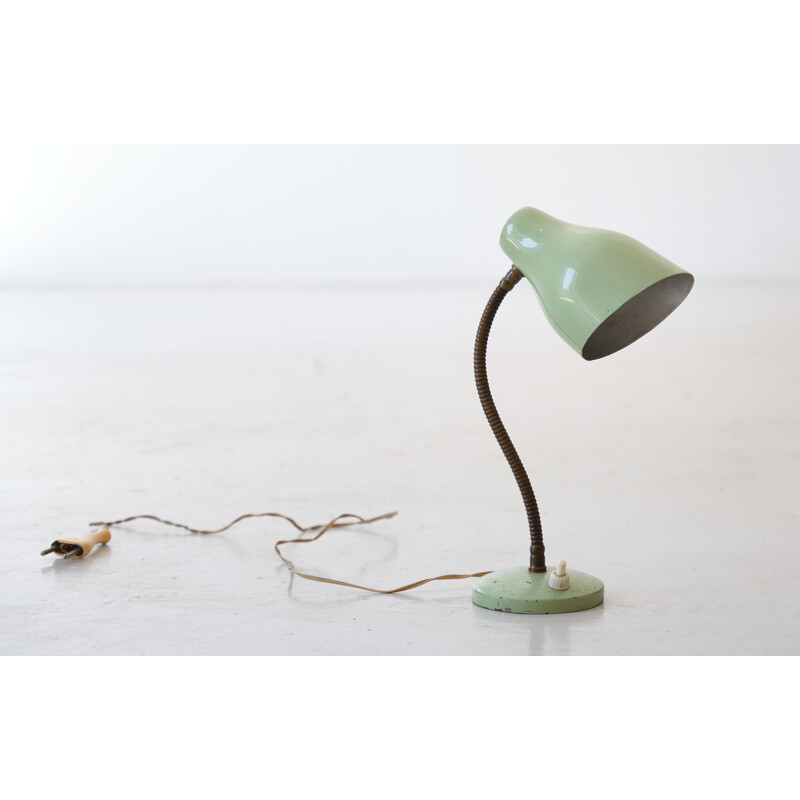 Vintage Italian table lamp in light green lacquered metal and brass, 1950s