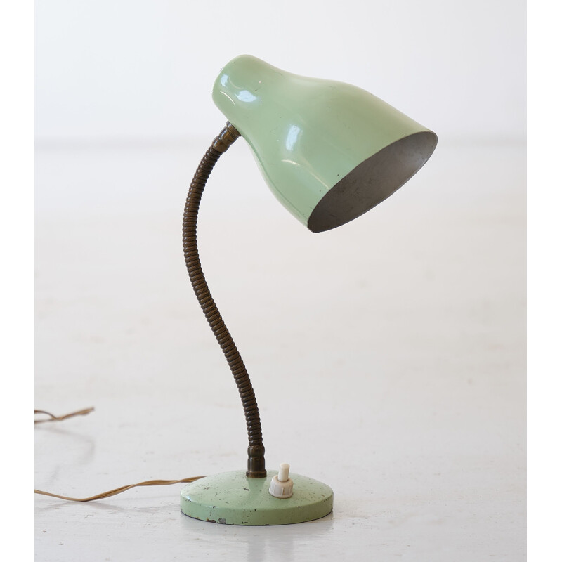 Vintage Italian table lamp in light green lacquered metal and brass, 1950s