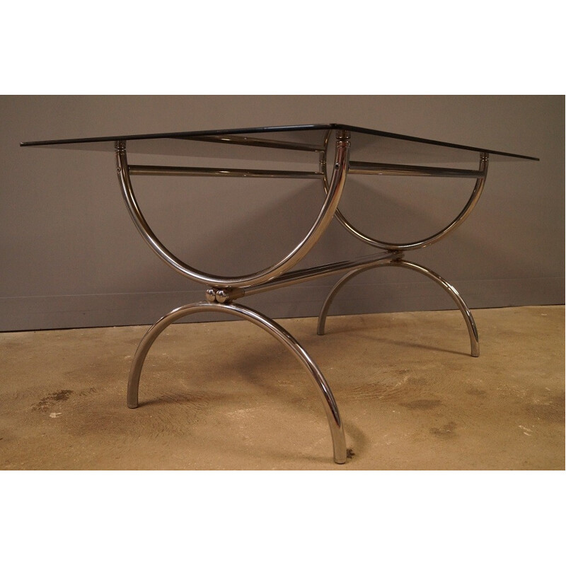 Large mid century dining table in glass and chromed metal - 1970s