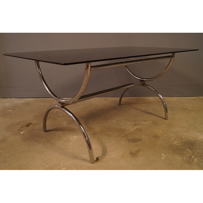 Large mid century dining table in glass and chromed metal - 1970s