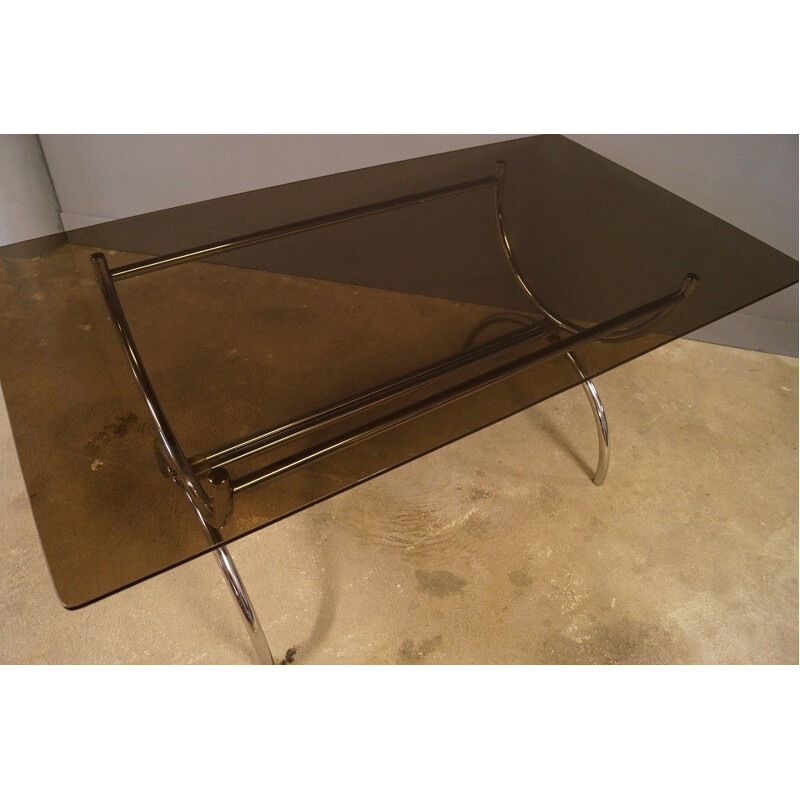 Large mid century dining table in glass and chromed metal - 1970s