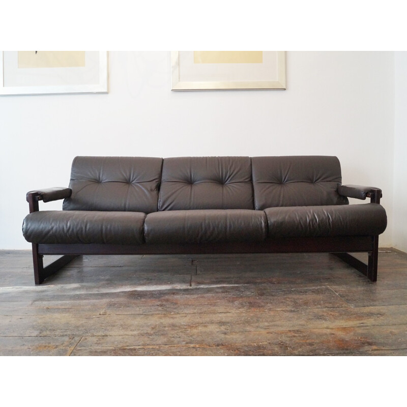 Mid century 3 seater sofa in leather and Jacaranda wood, Percival LAFER - 1950s