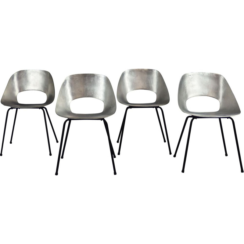 Set of 4 vintage "Tulip" chairs in aluminum by Pierre Guariche, France 1953s