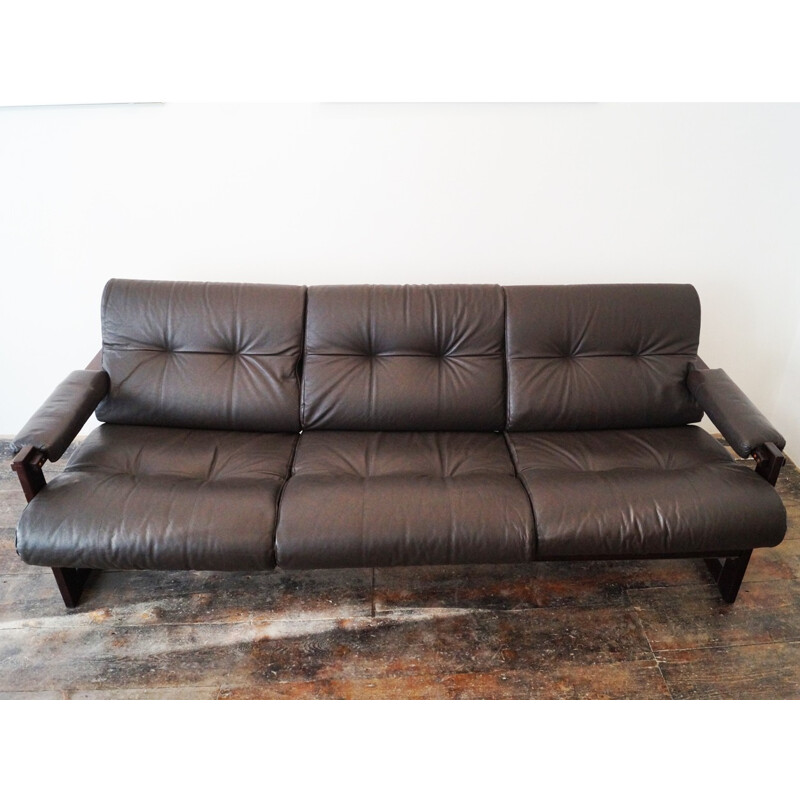 Mid century 3 seater sofa in leather and Jacaranda wood, Percival LAFER - 1950s