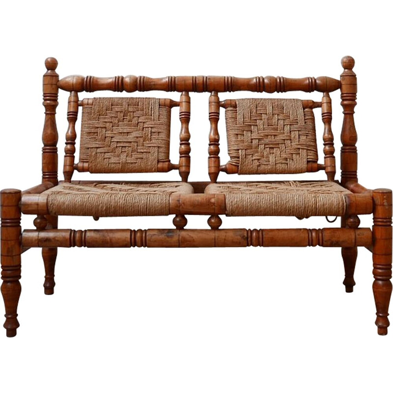 Mid-century French two seater sofa in rope and wood