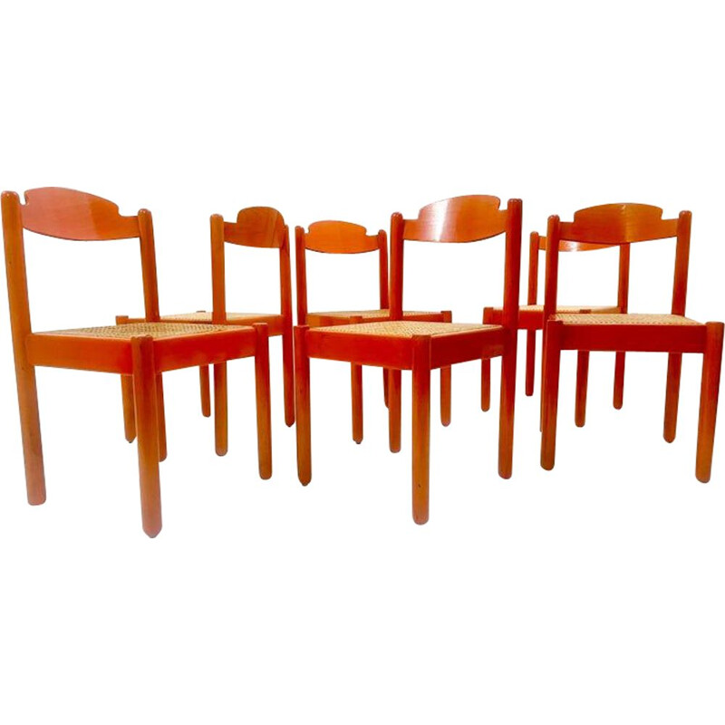 Set van 6 vintage oranje houten stoelen, Italië 1960